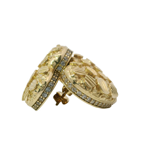 14KT Gold Earrings Large Puff Nugget Heart with White CZ Stones Edge, Push Back Post, and Butterfly Backs
