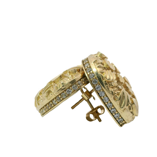14KT Gold Earrings Large Puff Nugget Heart with White CZ Stones Edge, Push Back Post, and Butterfly Backs