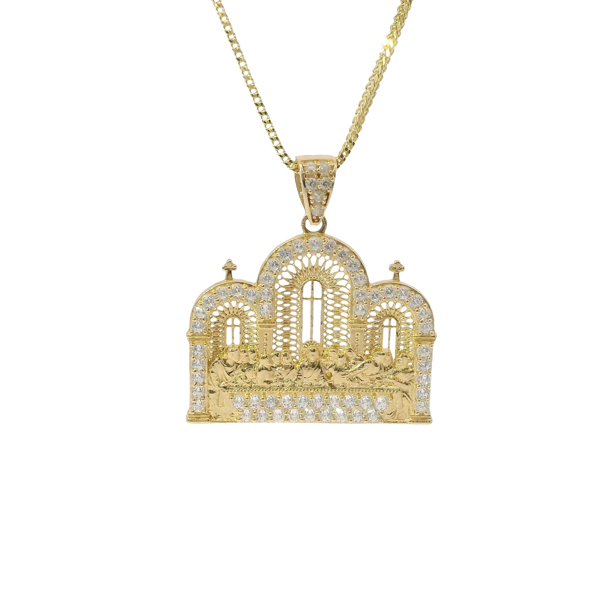 14KT Gold Charm Large Last Supper Archway Background with White CZ Stones Border and Bell