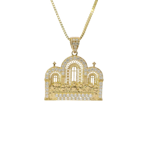14KT Gold Charm Large Last Supper Archway Background with White CZ Stones Border and Bell