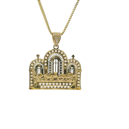 14KT Gold Charm Large Last Supper Archway Background with White CZ Stones Border and Bell