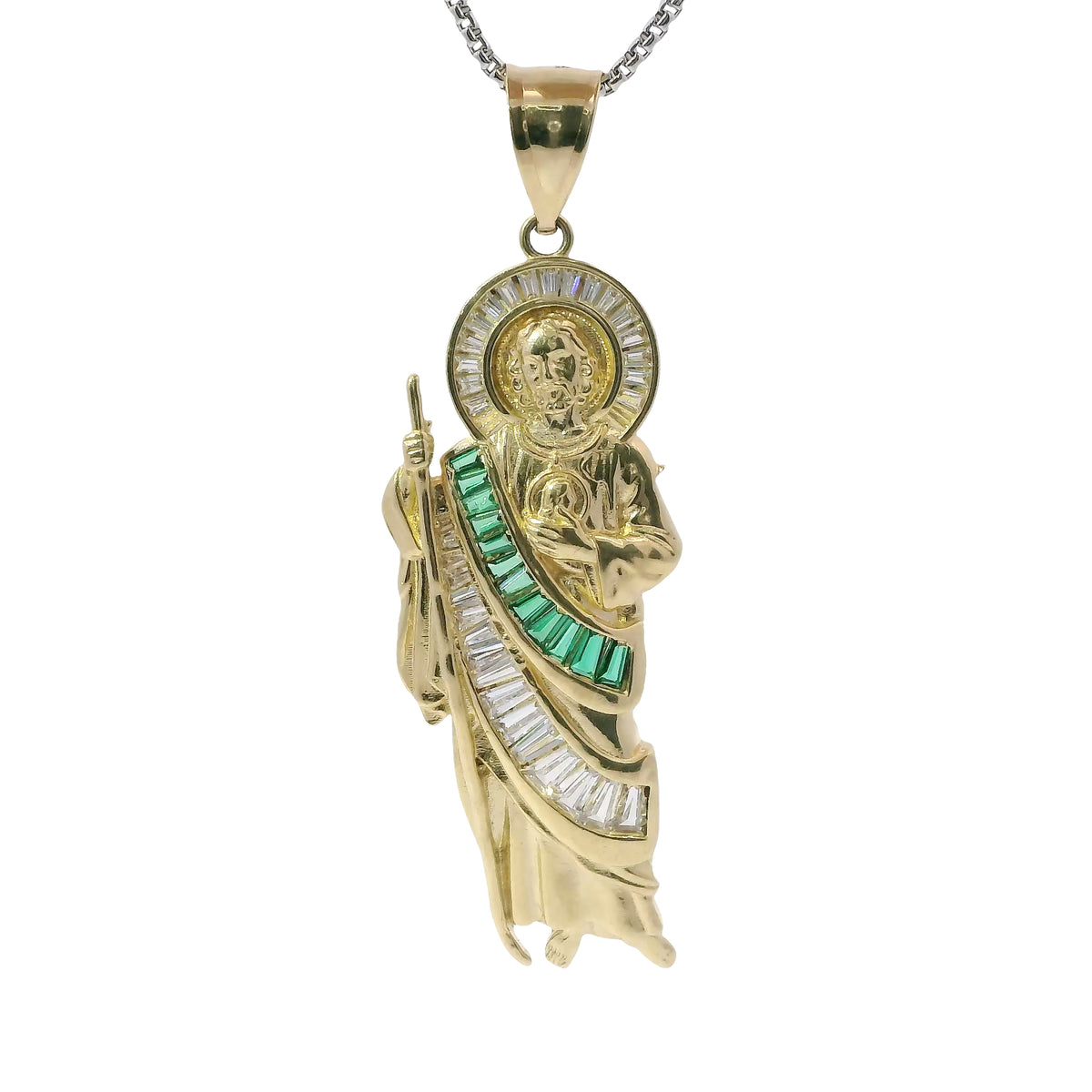 14KT Gold Charm Large St. Jude with White and Green CZ Baguette Stones Robe and Halo with Plain Bell