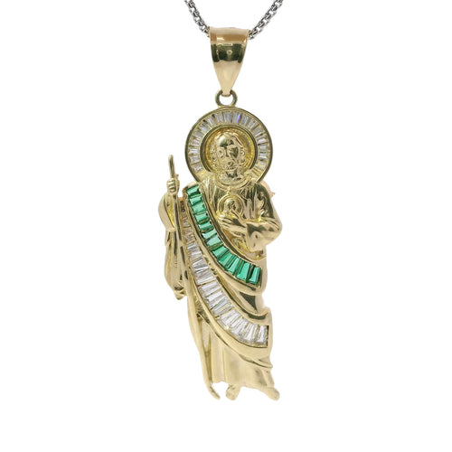 14KT Gold Charm Large St. Jude with White and Green CZ Baguette Stones Robe and Halo with Plain Bell