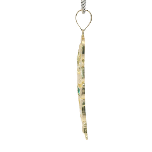 14KT Gold Charm Large St. Jude with White and Green CZ Baguette Stones Robe and Halo with Plain Bell