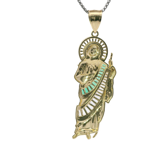 14KT Gold Charm Large St. Jude with White and Green CZ Baguette Stones Robe and Halo with Plain Bell