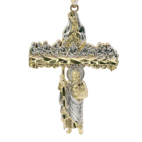 14KT Gold Charm Extra Large Two Tone Last Supper Cross with Virgin Mary and St Jude Center and Plain Bell