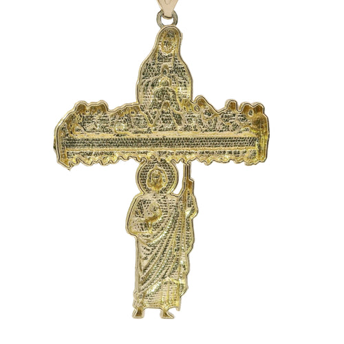 14KT Gold Charm Extra Large Two Tone Last Supper Cross with Virgin Mary and St Jude Center and Plain Bell