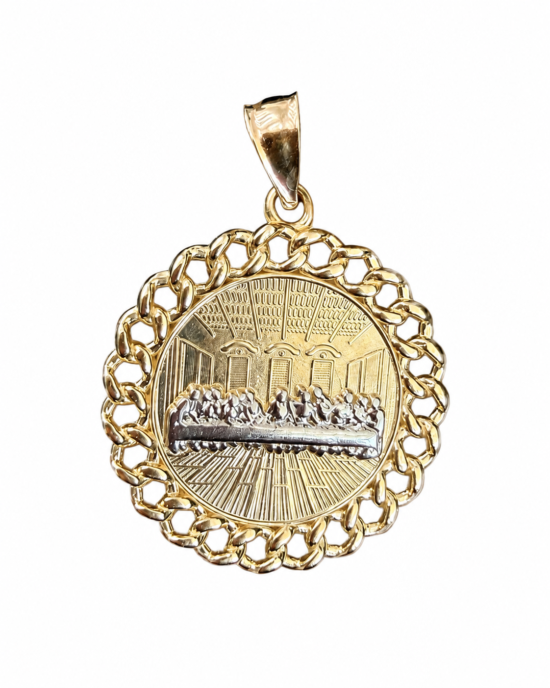 14KT Gold Charm Large Round Two Tone Last Supper with Brick Floor and Cuban Link Print Border with Plain Bell