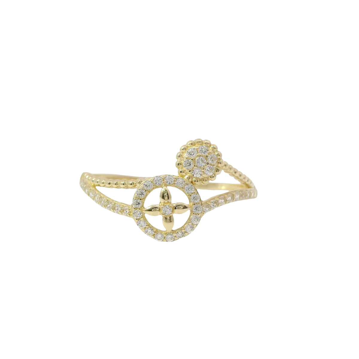 14KT Gold Ring Women's Light Weight White CZ Stones Four Petal Plain Flower Open Center Beaded Bypass and White CZ Stones Band