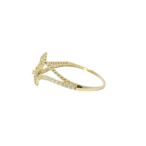 14KT Gold Ring Women's Light Weight White CZ Stones Four Petal Plain Flower Open Center Beaded Bypass and White CZ Stones Band