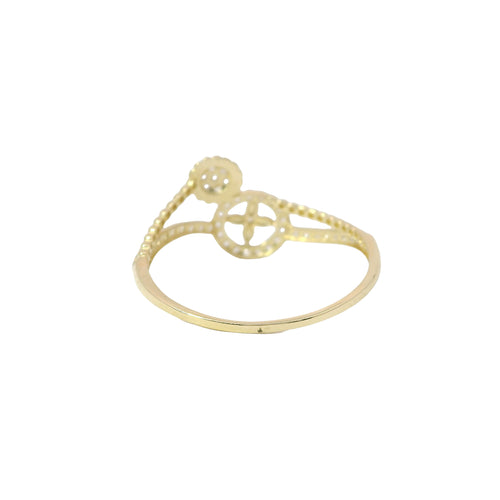 14KT Gold Ring Women's Light Weight White CZ Stones Four Petal Plain Flower Open Center Beaded Bypass and White CZ Stones Band