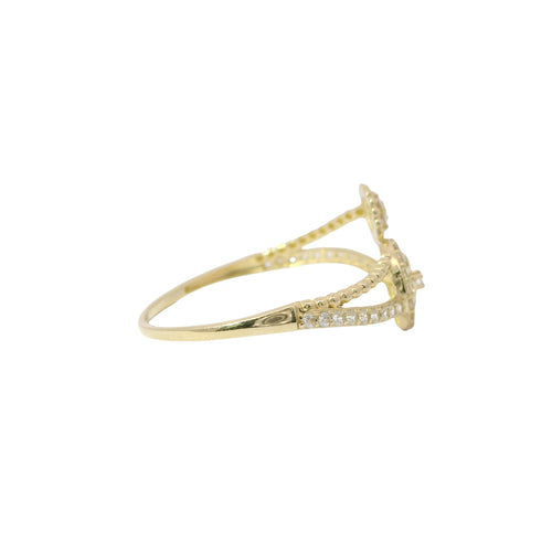 14KT Gold Ring Women's Light Weight White CZ Stones Four Petal Plain Flower Open Center Beaded Bypass and White CZ Stones Band