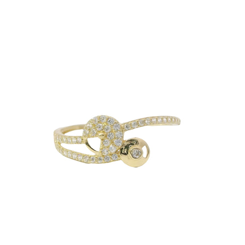 14KT Gold Ring Women's Light Weight White CZ Stones Round Pacman Shape Disc Center with Plain Round Disk Bypass Band