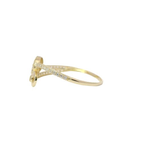 14KT Gold Ring Women's Light Weight White CZ Stones Round Pacman Shape Disc Center with Plain Round Disk Bypass Band