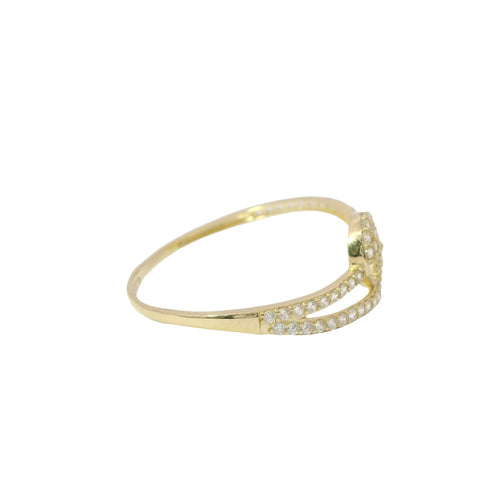 14KT Gold Ring Women's Light Weight White CZ Stones Round Pacman Shape Disc Center with Plain Round Disk Bypass Band