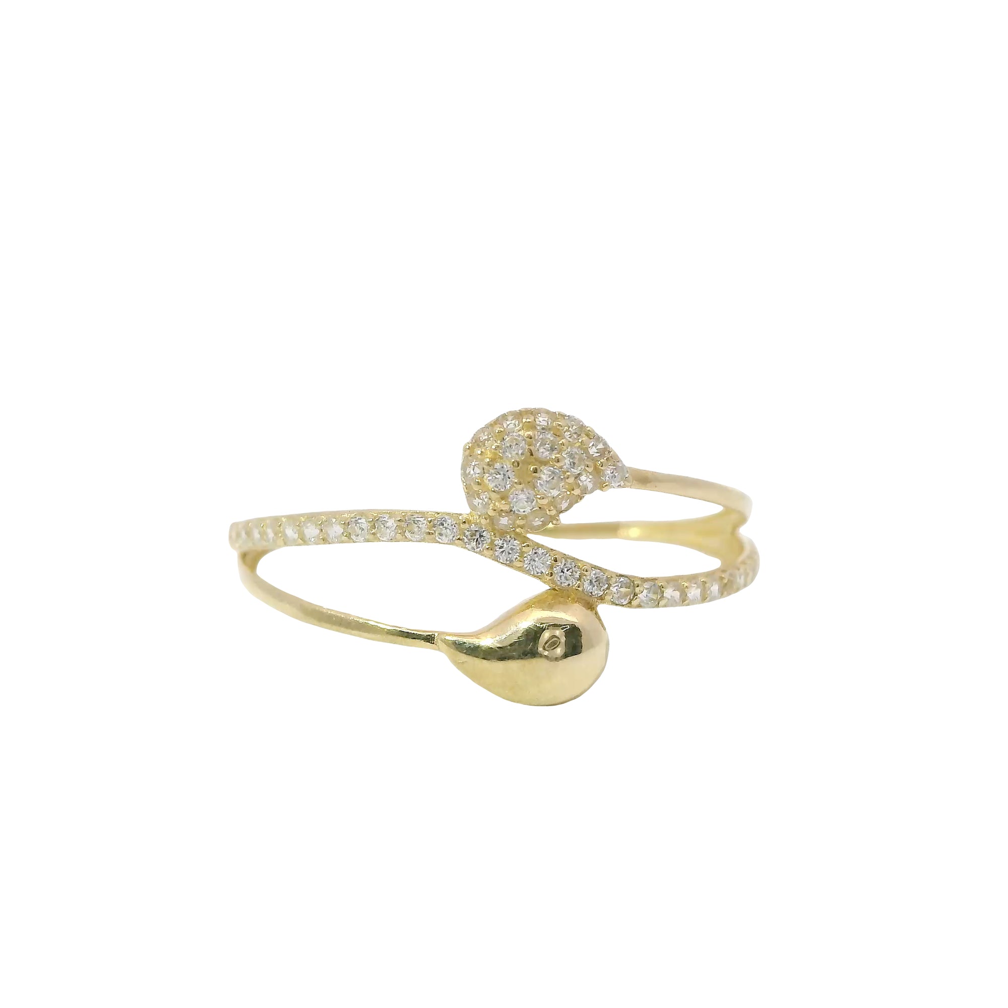 14KT Gold Ring Women's Light Weight White CZ Stone Split Tear Drop Bypass Band