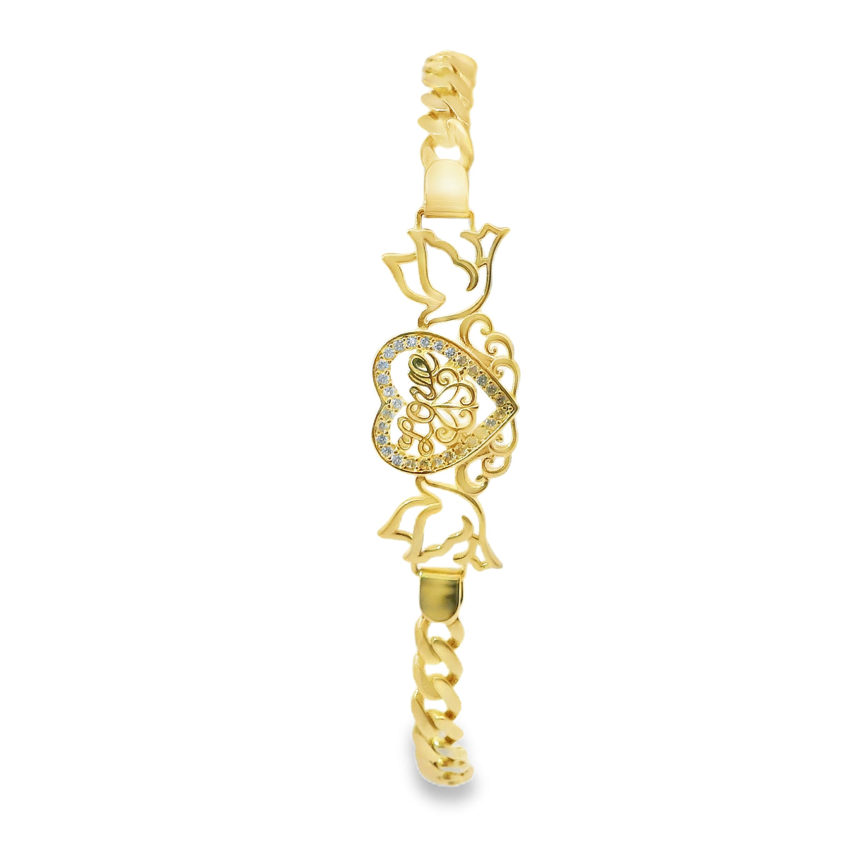 14KT Gold Bracelet Women's Heart Center "Love" Birds Plaque with White CZ Stones Borders and White CZ Stone End Cuban Link Lobster Clasp Band