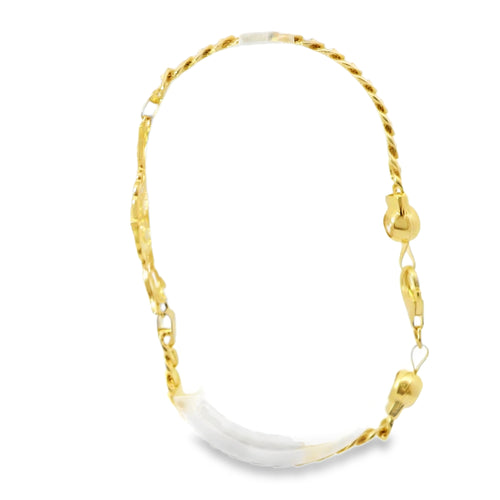 14KT Gold Bracelet Women's Heart Center "Love" Birds Plaque with White CZ Stones Borders and White CZ Stone End Cuban Link Lobster Clasp Band