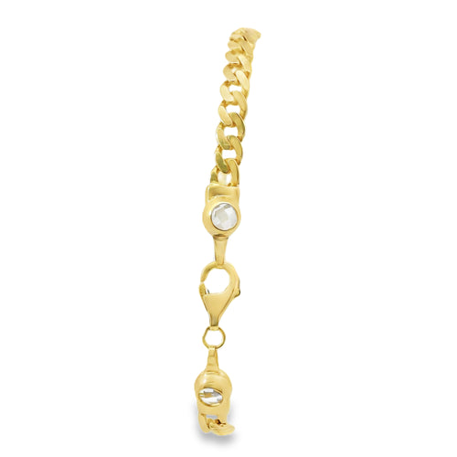 14KT Gold Bracelet Women's Heart Center "Love" Birds Plaque with White CZ Stones Borders and White CZ Stone End Cuban Link Lobster Clasp Band