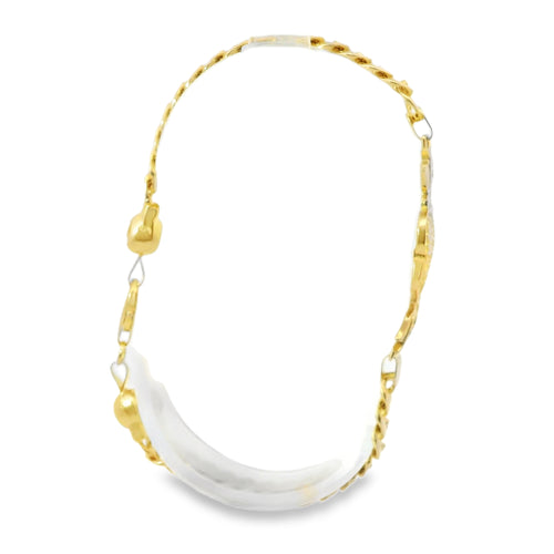 14KT Gold Bracelet Women's Heart Center "Love" Birds Plaque with White CZ Stones Borders and White CZ Stone End Cuban Link Lobster Clasp Band