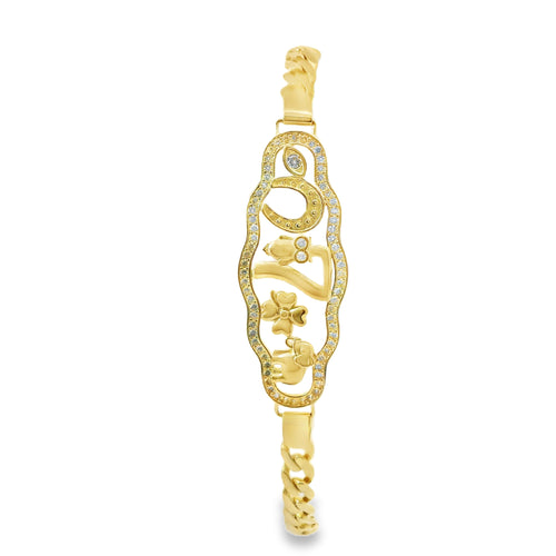14KT Gold Bracelet Women's Lucky "7" Western Plaque with White CZ Stones Borders, Evil Eye, Owl, Clover, Elephant and White CZ Stone End Cuban Link Lobster Clasp Band