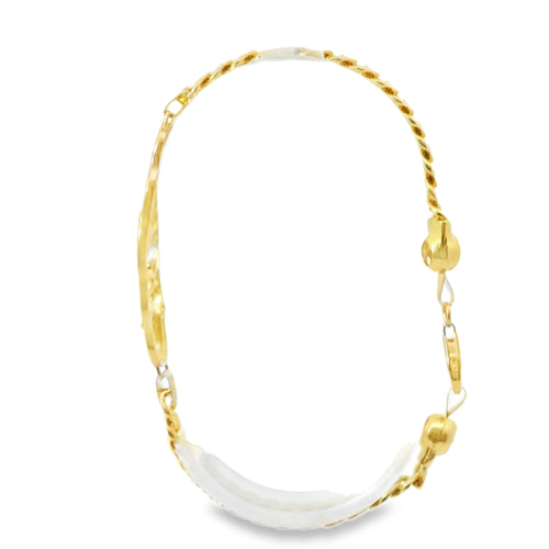 14KT Gold Bracelet Women's Lucky "7" Western Plaque with White CZ Stones Borders, Evil Eye, Owl, Clover, Elephant and White CZ Stone End Cuban Link Lobster Clasp Band