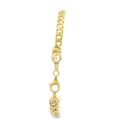 14KT Gold Bracelet Women's Lucky "7" Western Plaque with White CZ Stones Borders, Evil Eye, Owl, Clover, Elephant and White CZ Stone End Cuban Link Lobster Clasp Band