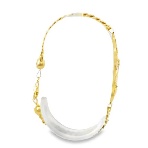 14KT Gold Bracelet Women's Lucky "7" Western Plaque with White CZ Stones Borders, Evil Eye, Owl, Clover, Elephant and White CZ Stone End Cuban Link Lobster Clasp Band