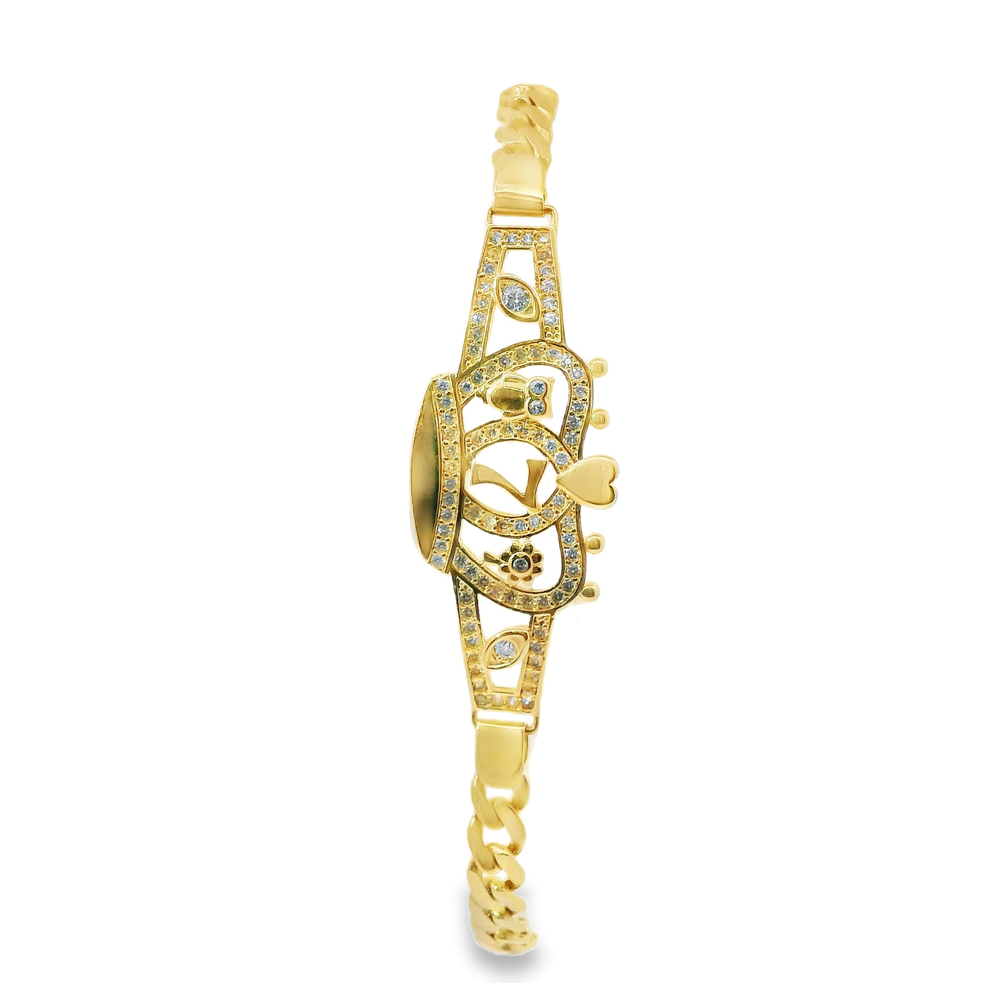 14KT Gold Bracelet Women's Lucky "7" Crown Plaque with White CZ Stones Borders, Evil Eye, Owl, Clover, Elephant and White CZ Stone End Cuban Link Lobster Clasp Band