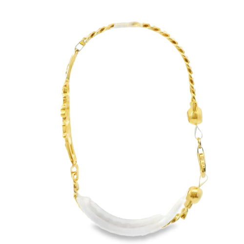 14KT Gold Bracelet Women's Lucky "7" Crown Plaque with White CZ Stones Borders, Evil Eye, Owl, Clover, Elephant and White CZ Stone End Cuban Link Lobster Clasp Band