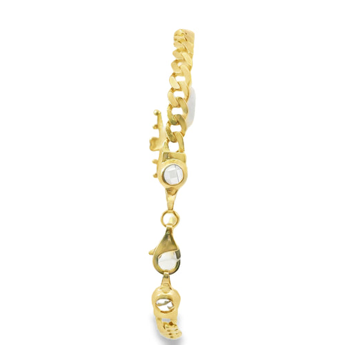 14KT Gold Bracelet Women's Lucky "7" Crown Plaque with White CZ Stones Borders, Evil Eye, Owl, Clover, Elephant and White CZ Stone End Cuban Link Lobster Clasp Band