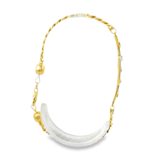14KT Gold Bracelet Women's Lucky "7" Crown Plaque with White CZ Stones Borders, Evil Eye, Owl, Clover, Elephant and White CZ Stone End Cuban Link Lobster Clasp Band