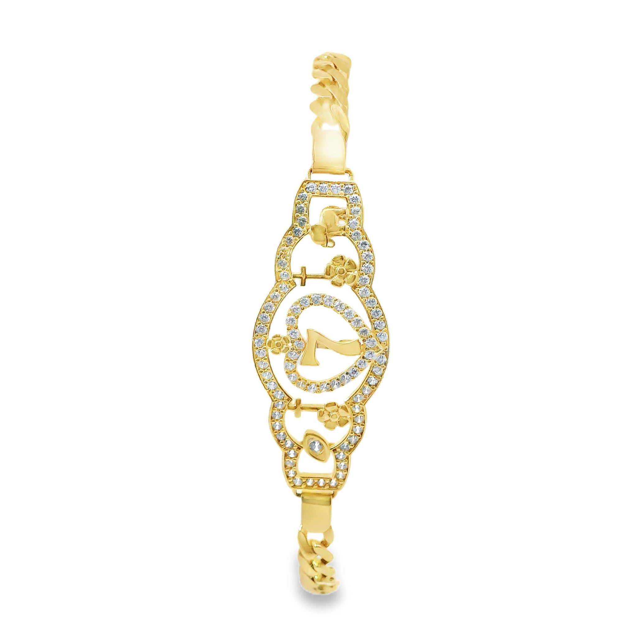 14KT Gold Bracelet Women's Lucky "7" Western Plaque with White CZ Stones Borders, Evil Eye, Cross, Clover, Elephant and White CZ Stone End Cuban Link Lobster Clasp Band