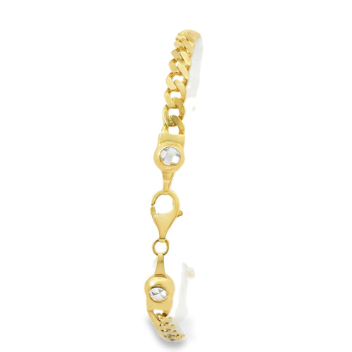 14KT Gold Bracelet Women's Lucky "7" Western Plaque with White CZ Stones Borders, Evil Eye, Cross, Clover, Elephant and White CZ Stone End Cuban Link Lobster Clasp Band