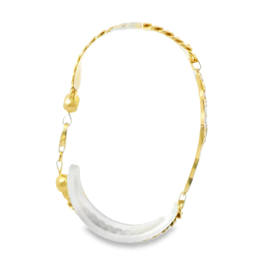 14KT Gold Bracelet Women's Lucky "7" Western Plaque with White CZ Stones Borders, Evil Eye, Cross, Clover, Elephant and White CZ Stone End Cuban Link Lobster Clasp Band