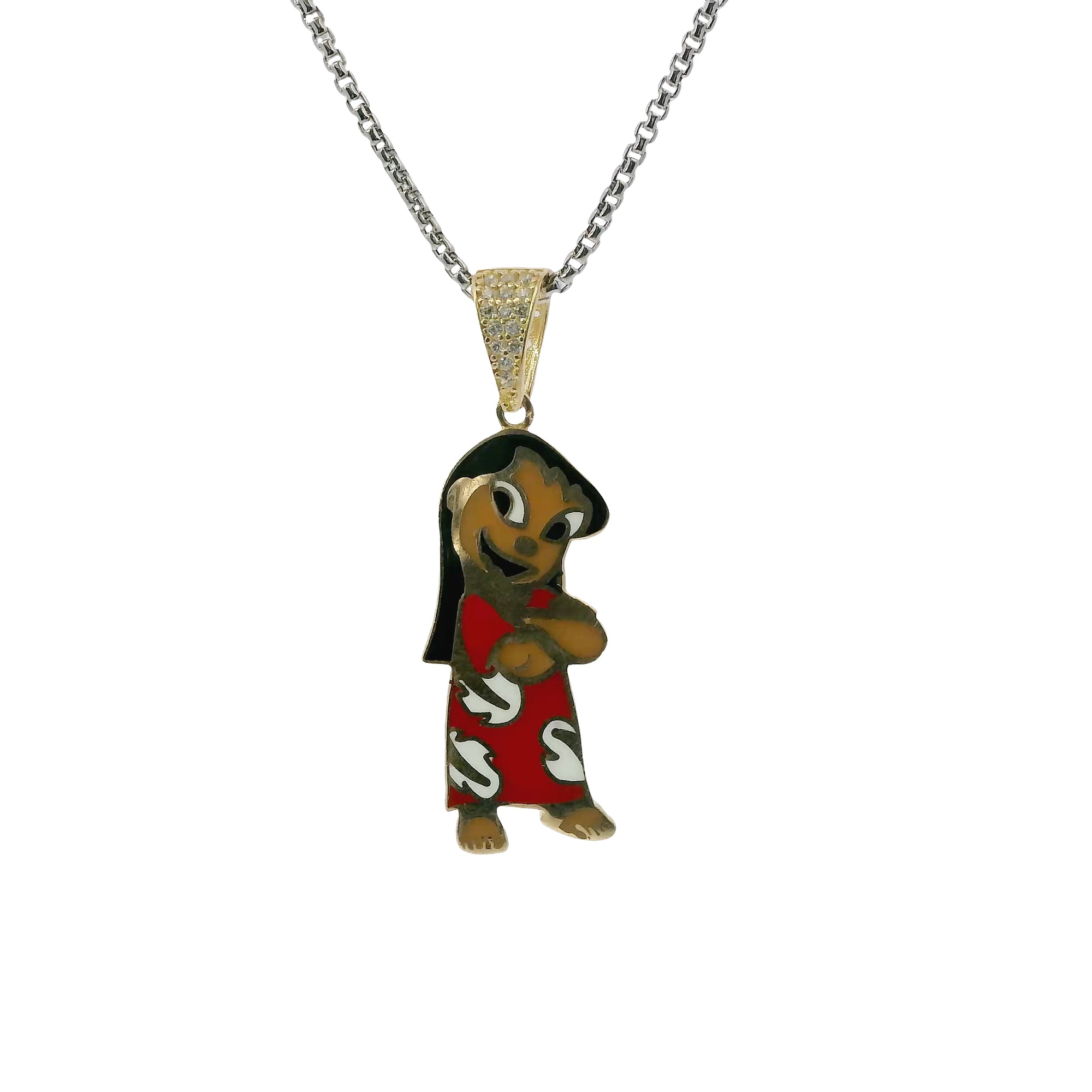14KT Gold Charm Medium Enamel Lilo with White CZ Stones Bell