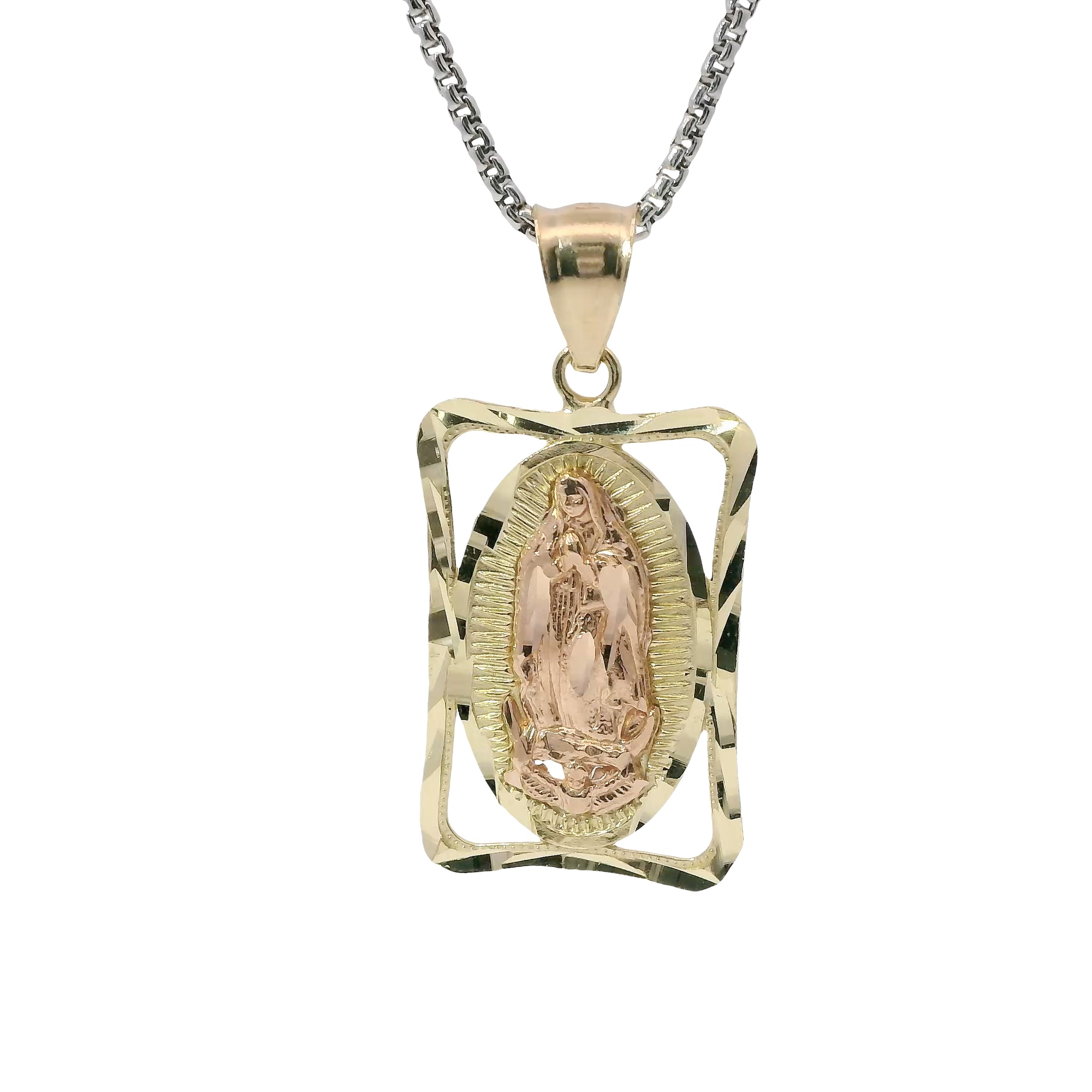 14KT Gold Charm Medium Open Rectangle Frame Two Tone Virgin Mary Oval Coin Center with Diamond Cut Open Frame Border and Plain Bell