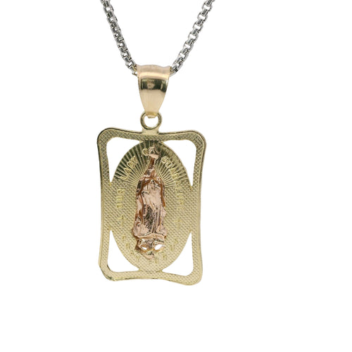 14KT Gold Charm Medium Open Rectangle Frame Two Tone Virgin Mary Oval Coin Center with Diamond Cut Open Frame Border and Plain Bell