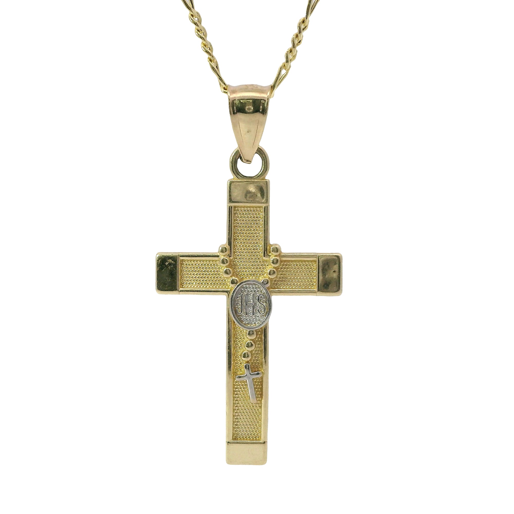 14KT Gold Charm Large Two Tone Rosary Bead Cross with Plain Band