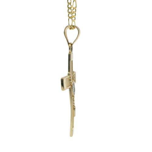 14KT Gold Charm Large Two Tone Rosary Bead Cross with Plain Band