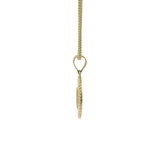 14KT Gold Charm Small Coin Pink CZ Stone Heart Center with Sunray Background, Rope Border, and Plain Bell