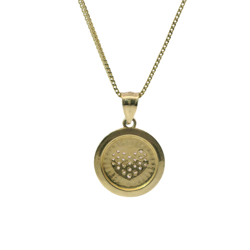 14KT Gold Charm Small Coin Pink CZ Stone Heart Center with Sunray Background, Rope Border, and Plain Bell