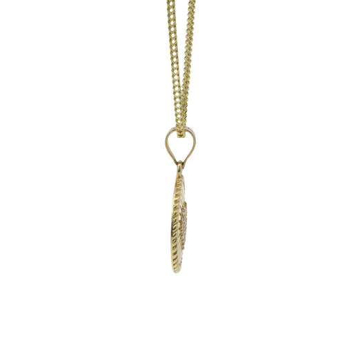 14KT Gold Charm Small Coin Pink CZ Stone Heart Center with Sunray Background, Rope Border, and Plain Bell