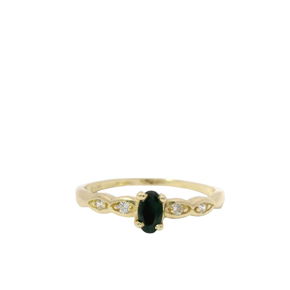 14KT Gold Ring Women's Mini Oval Black Center CZ Stone with Two Round White CZ Stones on Each Side of Plain Band