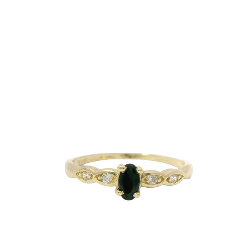 14KT Gold Ring Women's Mini Oval Black Center CZ Stone with Two Round White CZ Stones on Each Side of Plain Band
