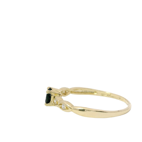 14KT Gold Ring Women's Mini Oval Black Center CZ Stone with Two Round White CZ Stones on Each Side of Plain Band