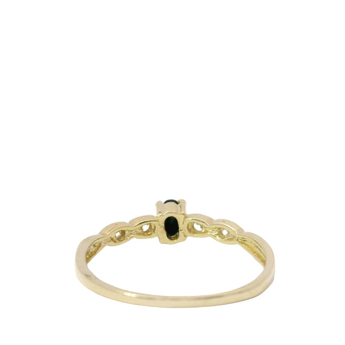 14KT Gold Ring Women's Mini Oval Black Center CZ Stone with Two Round White CZ Stones on Each Side of Plain Band