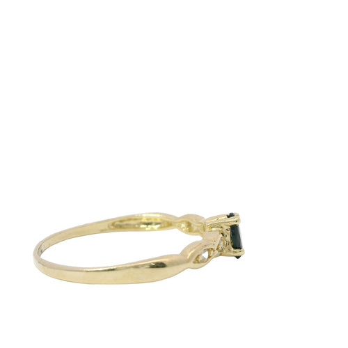 14KT Gold Ring Women's Mini Oval Black Center CZ Stone with Two Round White CZ Stones on Each Side of Plain Band