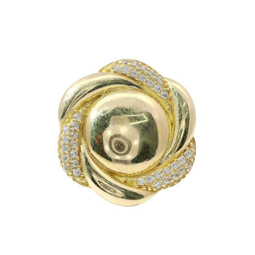14KT Gold Women's Ring Mini Six Petal Pinwheel Flower Plain Center White CZ Stones on Petals with Triple Row White CZ Stones on Edge and Plain Band