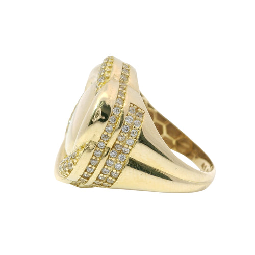14KT Gold Women's Ring Mini Six Petal Pinwheel Flower Plain Center White CZ Stones on Petals with Triple Row White CZ Stones on Edge and Plain Band